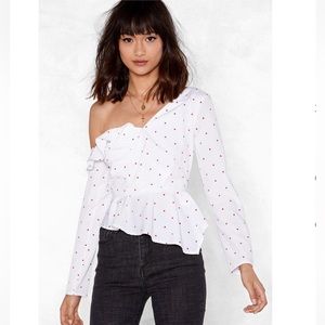 NASTY GAL Polka Dot One Shoulder Ruffle Blouse SIZE 4